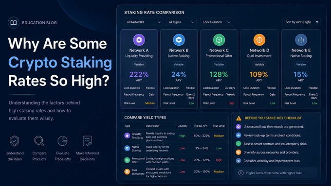 An educational blog graphic titled 'Why Are Some Crypto Staking Rates So High?' comparing APY rates across Networks A-E (222%, 24%, 128%, 109%, 15%) with a 'Before You Stake' key checklist.