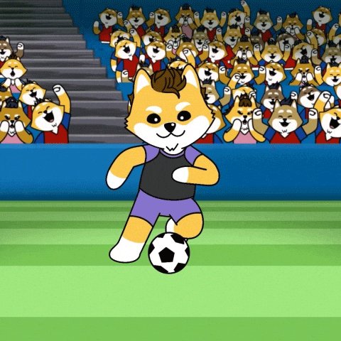 The image features a cartoonish dog wearing a black shirt, purple shorts, and holding a soccer ball while standing on a green field with stairs behind him. The caption "Got eeeeeem" suggests that there are multiple copies of this image or illustration, possibly for various purposes such as advertising, social media content, or merchandise.