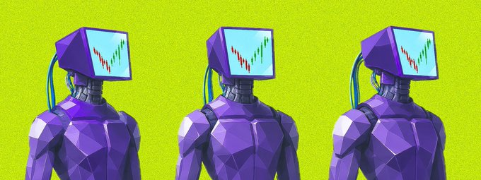 An illustration of three purple robotic figures with monitor heads displaying green and red stock market candlestick charts against a bright yellow background.