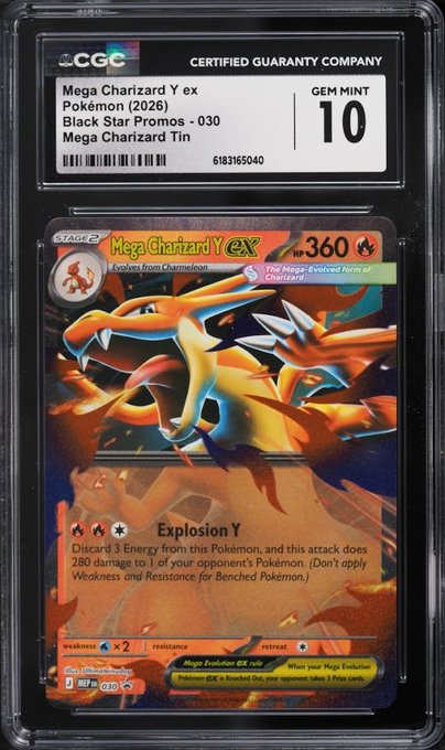 A graded CGC Gem Mint 10 Mega Charizard Y ex Pokémon card from the Black Star Promos (2026) is displayed in its protective slab.