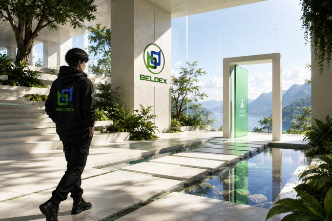 A digital rendering of a modern, spacious lobby with large windows overlooking a lake and mountains, featuring a 'BELDEX' logo on a central pillar and a person in a black 'BELDEX' hoodie walking in the foreground.