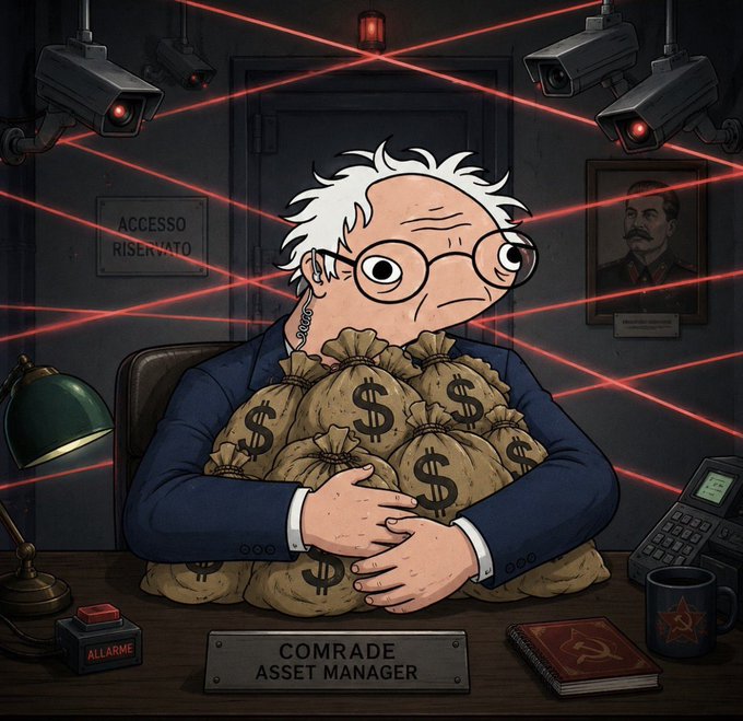 An illustration shows a worried-looking man in a suit, labeled "COMRADE ASSET MANAGER," clutching sacks of money while surrounded by security lasers, surveillance cameras, and a portrait of Joseph Stalin. The image satirically links the tweet's mention of "losing money" to a sense of paranoia and the "red" political imagery of a communist regime.