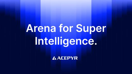 The image features a dark blue pixelated background with the white text "Arena for Super Intelligence." and the ACEPYR logo at the bottom. It serves as a bold visual header for Acepyr's "Behavioral Substrate," emphasizing the platform's tagline as a testing ground where unfakeable on-chain actions are made possible through their four live environments, starting with the $ACEPYR testnet token.