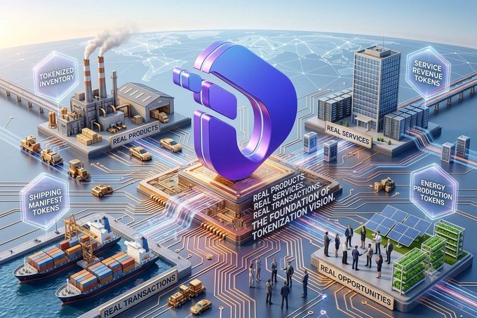 A 3D conceptual illustration showing a central purple 'D' logo connecting various sectors labeled 'REAL PRODUCTS', 'REAL SERVICES', 'REAL TRANSACTIONS', 'TOKENIZED INVENTORY', and 'ENERGY PRODUCTION TOKENS'.