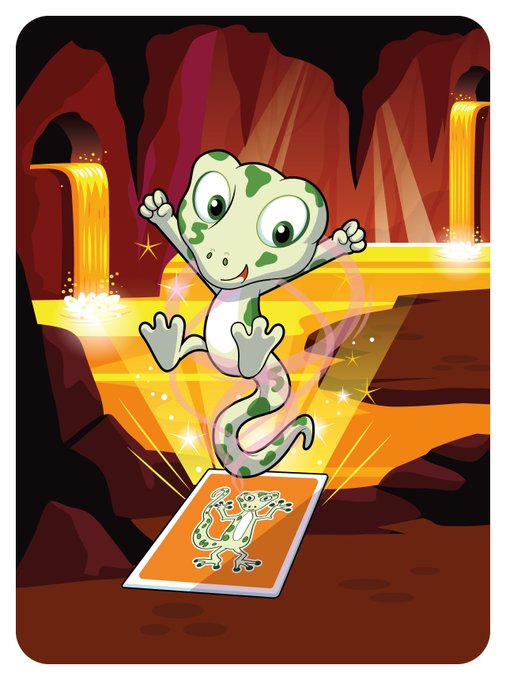 A digital card illustration of a cute, green and white spotted snake-like creature jumping joyfully from a card in a glowing lava cave setting.