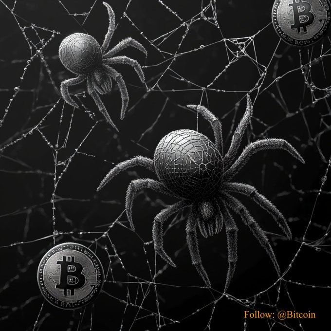 Two dark, detailed spiders cling to an intricate web against a black background, with two physical Bitcoin coins (one in the top right and one in the bottom left) caught in the strands. The arachnids and web symbolize the "spider web" strategies or deceptive schemes surrounding Bitcoin as it trades at $77,150.43. The watermark "Follow: @Bitcoin" appears in the bottom right corner.