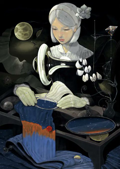 A surreal painting of a pale girl with white hair pouring a dark blue liquid from a kettle, surrounded by cosmic and botanical elements like a moon, a constellation mirror, and a flower in her hair.