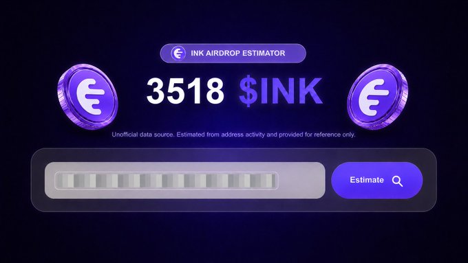 A digital interface for an 'INK AIRDROP ESTIMATOR' displaying an estimated value of '3518 $INK' with purple coin graphics and a search bar for address input.