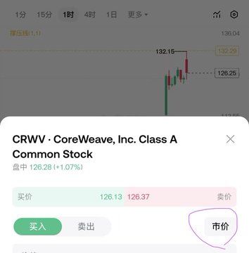 The image shows a phone screen displaying information about CRWV, Inc., which seems to be an investment company focused on providing common stock market trading services for investors. The text and symbols displayed on the phone indicate that this could be an important moment in time, as someone has recently purchased or bought shares in CRWV using their spot account.