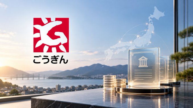 An advertisement displays a red square logo with a white stylized 'G' alongside the Japanese text 'ごうぎん' (Gougin), set against a background showing Japan and stacked coins.