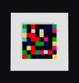 A small, pixelated multi-colored square (resembling a Bitcoin logo design or test pattern) centered on a white background with a black border.