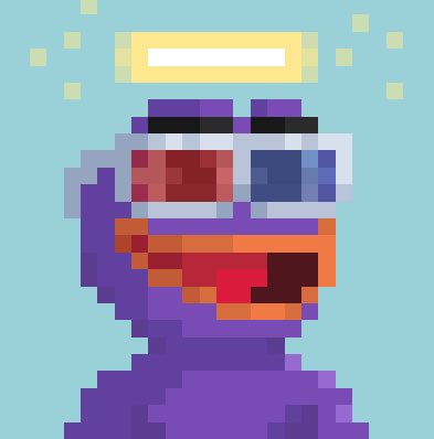 Pixel art style image of a purple character with an orange mouth, one red eye, one blue eye, and a yellow halo above its head against a teal background.