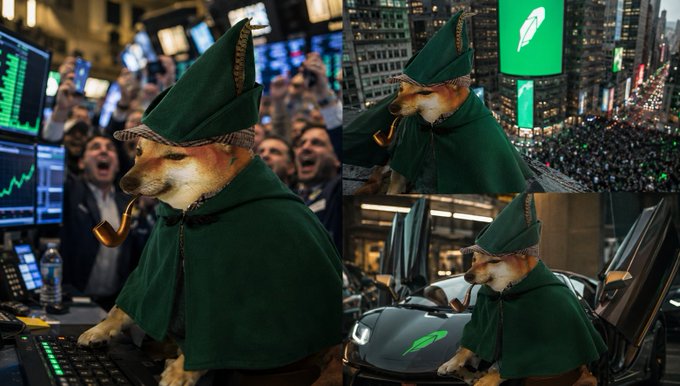 A collage showing a Shiba Inu dog dressed as a medieval character with a green cape, hat, and pipe, appearing in various scenes including a trading floor, cityscape, and next to a sports car.