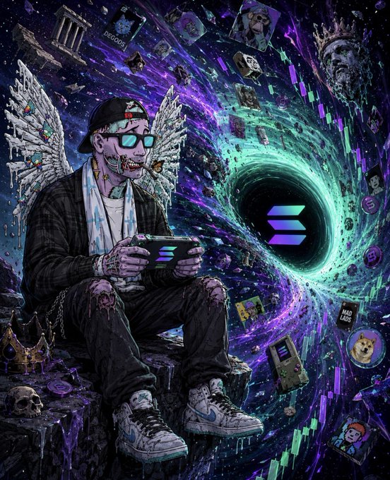 A digital illustration of a tattooed, zombie-like figure wearing sunglasses and a backwards cap, holding a smartphone displaying the Solana logo, sitting in front of a cosmic black hole portal with various NFT and crypto-related images floating around.