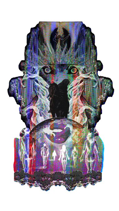 A surreal digital illustration depicting a figure with striking eyes and a crown-like headdress, surrounded by ethereal figures and vibrant colors in a symmetrical composition.