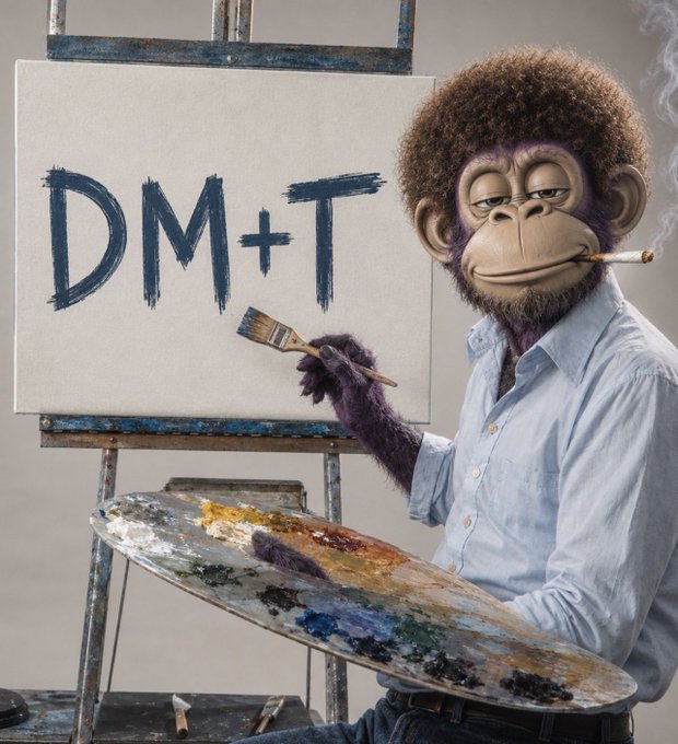 A 3D-rendered purple chimpanzee with an afro, wearing a blue shirt and smoking a cigarette, holding a paintbrush and palette in front of a canvas displaying 'DM+T'.
