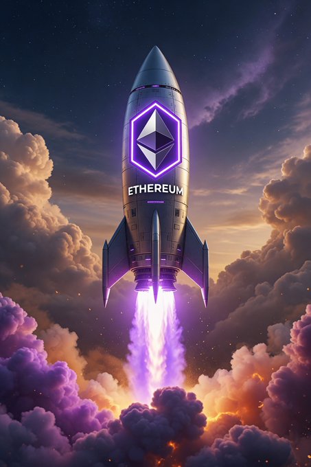 The image shows a rocket floating through space with an "ETH" logo, possibly symbolizing Bitcoin or another cryptocurrency. The rocket appears to be launching into the sky and has purple sparks coming out of it as if powered by energy from the rocket itself. The backdrop features a cloudy night sky, adding to the overall futuristic atmosphere. In the post, there is text discussing the potential worth of Bitcoin compared to Ethereum's market cap and how the cryptocurrency market might change in the future.