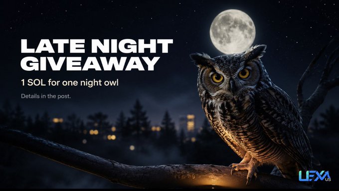 A great horned owl perches on a branch under a full moon with "LATE NIGHT GIVEAWAY - 1 SOL for one night owl" text and the UEX.us logo, visually tying to the post's late-night 1 SOL giveaway for one "night owl" winner.
