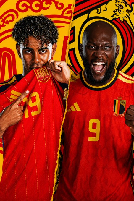 A promotional graphic for the Belgium national soccer team featuring two players, one wearing jersey number 19 and the other number 9, both in red Belgium kits against a yellow and red background featuring the team crest.
