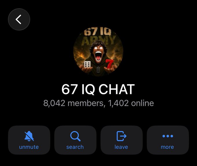 A screenshot of a Telegram group named "67 IQ CHAT" with 8,042 members and 1,402 online, showing options to unmute, search, leave, and more.