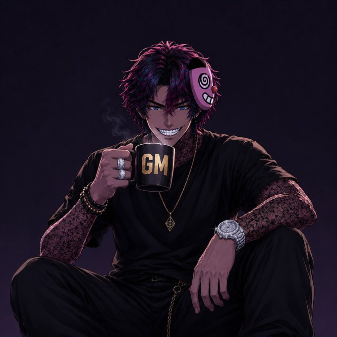 An anime-style illustration of a dark-haired man with sharp teeth, wearing a purple mask and black clothing, holding a black mug labeled 'GM' with steam rising from it.