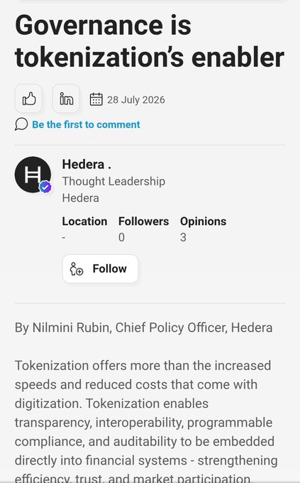 LinkedIn article preview titled 'Governance is tokenization's enabler' by Hedera, authored by Nilmini Rubin, Chief Policy Officer, dated 28 July 2026.