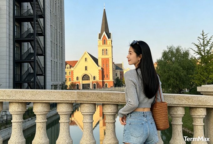 A young woman with long black hair, wearing a gray sweater and denim skirt with a brown crossbody bag, leans against an ornate stone balustrade admiring a Gothic-style church with a tall steeple reflected in the water below. The "TermMax" watermark appears in the bottom right corner, tying the serene European scene to TermMaxFi's announcement about flexible options for managing matured Ondo RWA lending positions.
