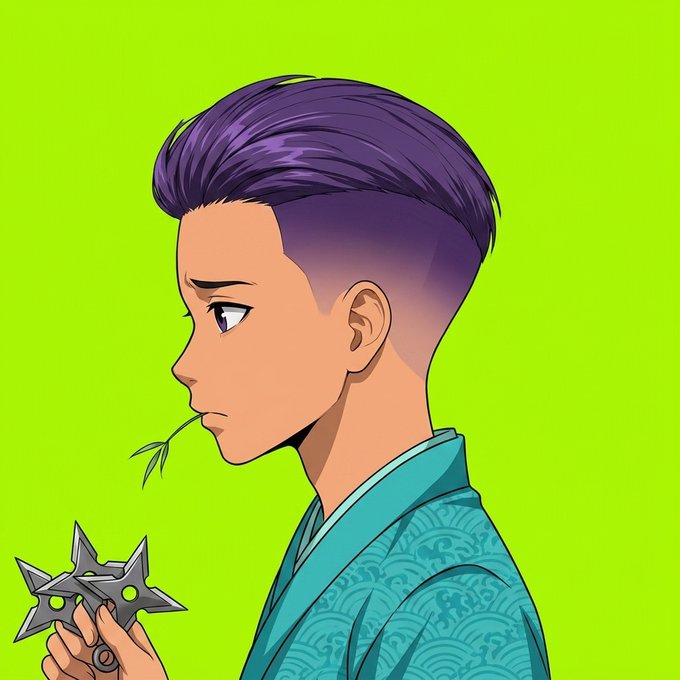 An anime-style illustration shows a side profile of a young man with purple hair in an undercut, wearing a teal traditional robe, holding a shuriken-like weapon with a leaf in his mouth against a green background, evoking a ninja theme that complements the launch of the "RobiZuki" NFT collection on OpenSea.