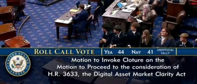 The image shows a Senate floor during a roll call vote, with the on-screen tally displaying "YEA 44, NAY 41" for the motion to invoke cloture on H.R. 3633, the Digital Asset Market Clarity Act. The failed cloture vote, falling short of the 60-vote threshold required to advance the bill, visually confirms the breaking news that the Clarity Act will not move forward in the Senate.