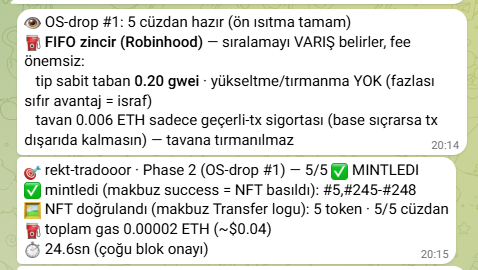 A screenshot of a Turkish-language Telegram chat discussing an "OS-drop #1" NFT mint on the rekt-tradooor Phase 2 platform, noting that 5/5 mint slots were filled with a #5,245/#248 mintledi success and NFT details including a 5 token fee. The chat confirms the minting achievement referenced in the post, showing the transaction details (0.00002 ETH gas fee, $0.04) for the 5 Rektguy NFTs minted during the FCFS (First-Come, First-Served) phase at the $40 mint price mentioned.