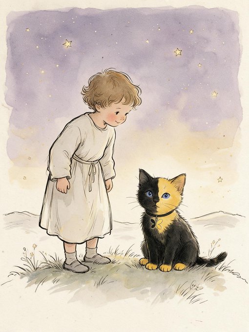 A whimsical watercolor-style illustration of a young child with curly hair in a white nightgown looking down at a black and yellow cat with heterochromia (one blue eye, one yellow eye), set against a starry purple sky.