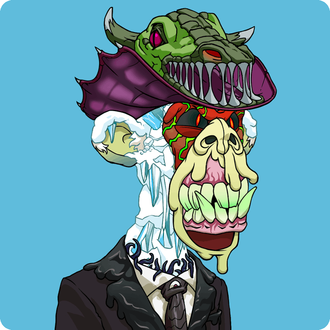 A grotesque mutant creature with a green horned reptilian head, purple fangs, and a second skeletal face dripping from its neck stands in a tattered black suit, embodying the "Return to Monke" NFT collection's twisted ape aesthetic.