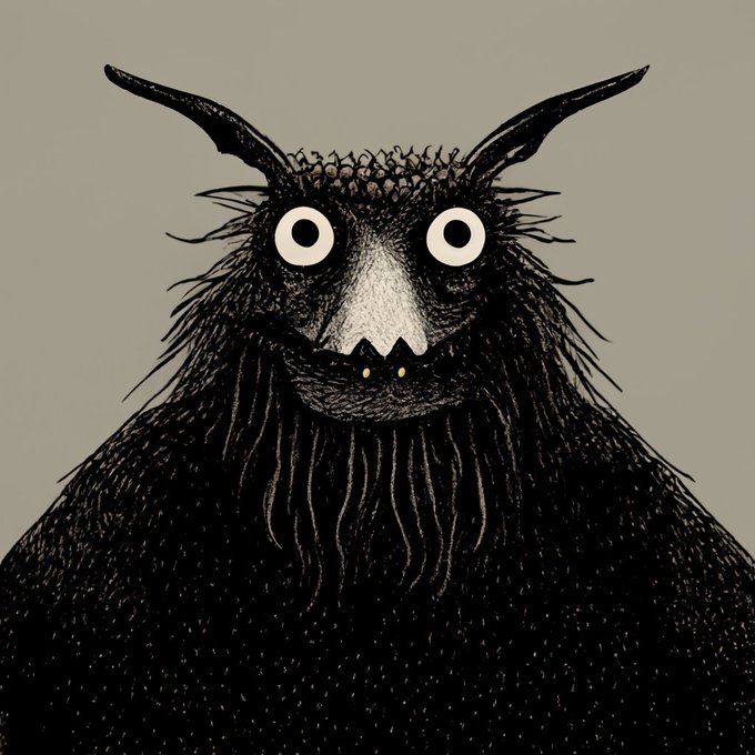 An illustration of a dark, furry monster with large round eyes, pointed ears, and a wide mouth showing small teeth, set against a gray background.