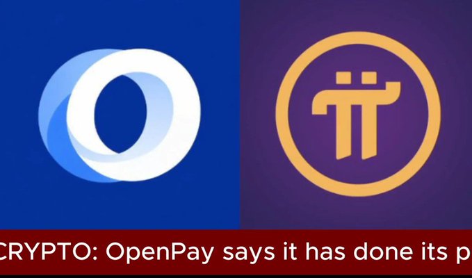 The image displays the OpenPay and Pi Network logos side by side above a news ticker reading "CRYPTO: OpenPay says it has done its p," visually representing the announcement that OpenPay has completed its Pi Network integration and is awaiting mainnet approval.