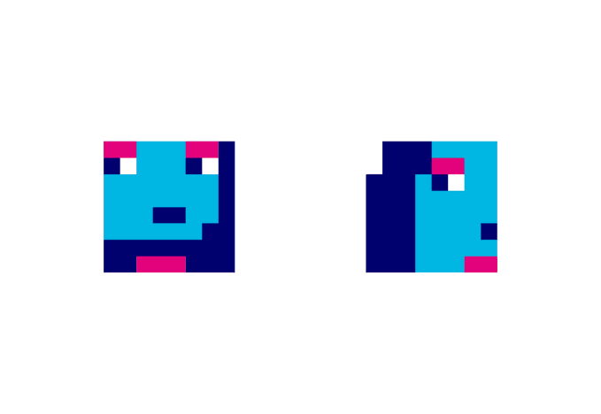 Two pixel art characters appear side by side, both featuring cyan, navy blue, and magenta coloring. The left character faces forward with a friendly expression, while the right character is shown in profile.