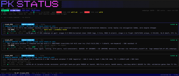 A terminal-style dashboard titled "PK STATUS" showing multiple status panels (Track_016, Track_017, Track_018, Track_019) with metrics, alerts, and runner statuses in pink and green text on a dark background.