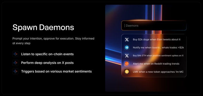 The image displays a "Spawn Daemons" interface where users input intents like "Buy $2k doge when Elon tweets about it" or "Notify me when $whale trades >$2k" to trigger actions based on on-chain events, X posts, Reddit trends, and token milestones (e.g., 1m MC), aligning with the post's description of Daemons sourcing signals from on-chain activity, social sentiment, and prediction markets before events unfold.