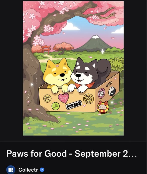 A Collectr app screenshot titled 'Paws for Good - September 2...' featuring an illustration of two Shiba Inu dogs in a cardboard box decorated with stickers under a cherry blossom tree with Mount Fuji in the background.