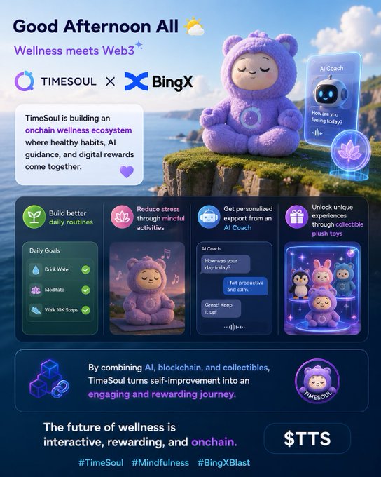 The image features a purple teddy bear sitting atop a cliff overlooking water. The caption reads "Good Afternoon All Wellness meets Web3 @timesoulcom", which suggests that the image is related to a wellness-related post on social media. The text in the image also mentions "BingXOfficial TimeSoul is building an onchain wellness ecosystem where healthy habits, AI guidance, and digital rewards come together". This implies that there might be some connection between the teddy bear's position atop the cliff and the concept of an onchain or blockchain-based wellness system.