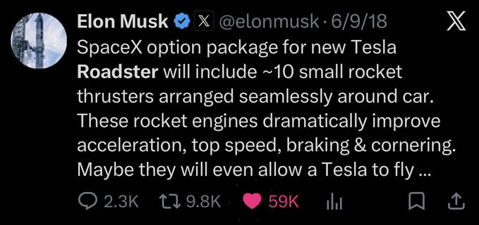 A tweet from Elon Musk (@elonmusk) dated 6/9/18 stating that the SpaceX option package for the new Tesla Roadster will include ~10 small rocket thrusters that dramatically improve acceleration, top speed, braking, and cornering.