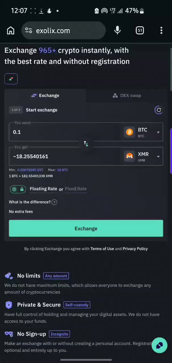 The image shows a phone screen displaying a message from an exchange platform called @exolix_com. The message congratulates the user for successfully exchanging their USDC (matriculation) into Telcoin, which was done smoothly and quickly. The exchange rate between the two cryptocurrencies was impressive this time around, resulting in a positive outcome for the user.