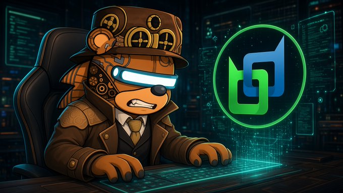 A digital illustration of a steampunk-style anthropomorphic animal character (resembling a dog or bear) wearing a hat with gears and glowing blue goggles, sitting at a keyboard with a green and blue logo displayed to the right.