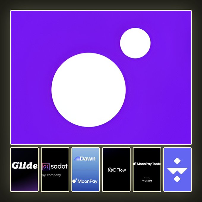 A graphic with a purple background featuring two white circles (one large, one small) above a row of crypto-related app icons including Glide, Sodot, Dawn, MoonPay, DFlow, MoonPay Trade, Diecert, and a logo on the right.