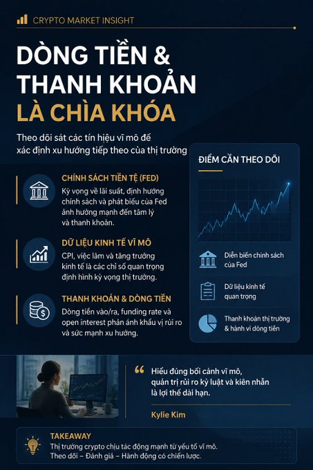 An infographic titled "CRYPTO MARKET INSIGHT: DÒNG TIỀN & THANH KHOẢN LÀ CHÌA KHÓA" in Vietnamese, discussing monetary policy, macroeconomics, and market liquidity.