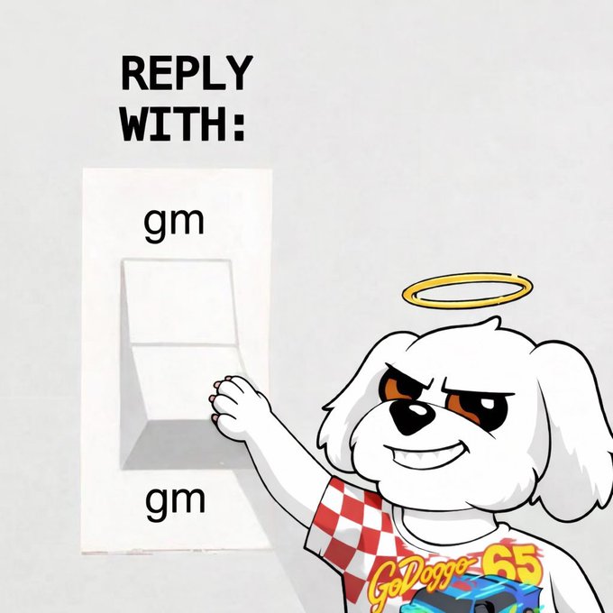 The image features a cartoon dog wearing a red and white checkered shirt, holding a light switch with his paw. The background of the image is white, which contrasts with the colorful attire of the dog. The text "reply WITH" is written in black at the top of the image, while "@useTria" appears below it. This suggests that the image might be related to an advertisement or a social media post promoting a product or service.