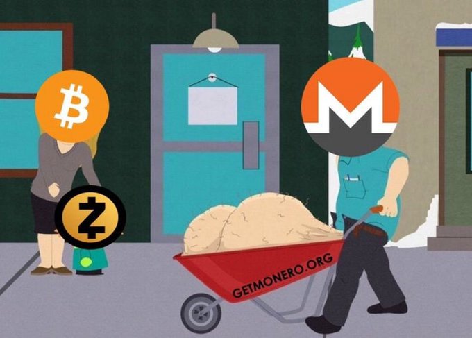 A Bitcoin figure and a Zcash logo stand while a Monero character wheels a wheelbarrow labeled "GETMONERO.ORG" past them, symbolizing Monero's role as the "outsider" crypto that governments fear. The illustration visually contrasts Bitcoin (which has been embraced by the establishment) with Monero, which the accompanying post argues is the only cryptocurrency actually banned and targeted by authorities.