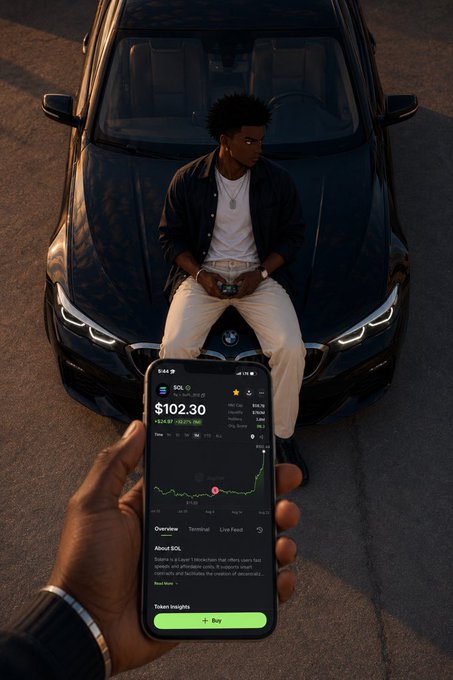 A young man in a bomber jacket and sunglasses sits on the hood of a BMW while another person holds up a smartphone in the foreground displaying a Solana (SOL) trading chart at $102.30.