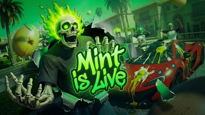 A vibrant skeleton with glowing green flame hair bursts through the center of the image beside a splattered red sports car, with the graffiti-styled text **"Mint is Live"** prominently displayed, announcing the launch of the Fla… NFT collection on OpenSea as referenced in the post.