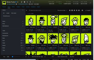 A screenshot of the Kraken Punk website displaying a collection of pixel-art character NFTs with yellow backgrounds.