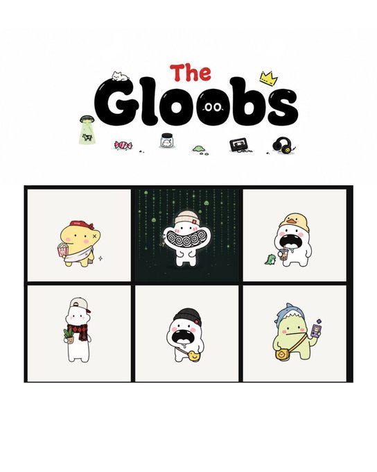 A promotional graphic for 'The Gloobs' NFT collection displays the logo and six cartoon characters in various outfits, including a dinosaur, a turtle, and a wizard.